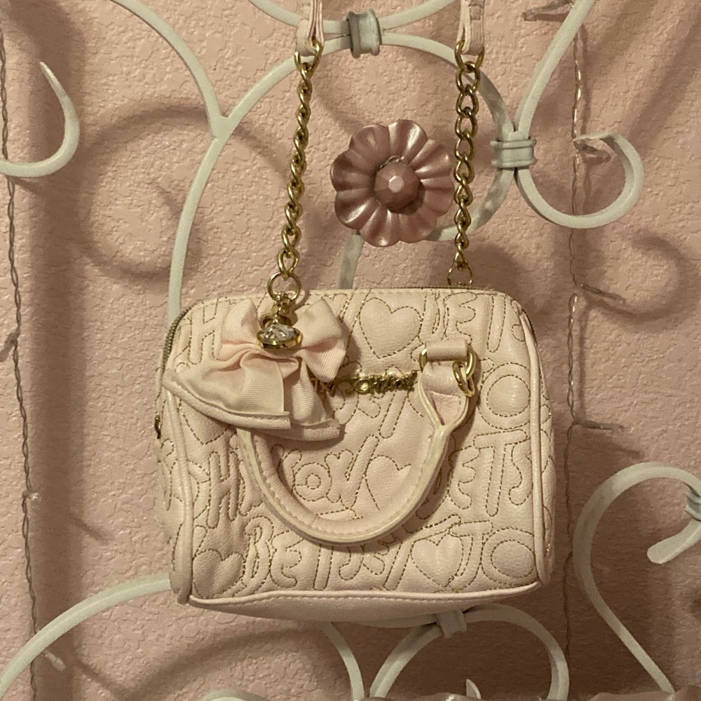 Betsey Johnson Quilted Small Pink Crossbody Bag with Bow Balletcore Gold Details